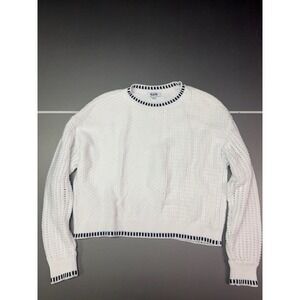525 America White Cotton Knit Sweater Navy Trim Crew Neck Small